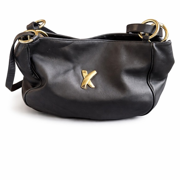 By Paloma Picasso Black Leather Hobo Shoulder Bag Gold Logo Made in Italy